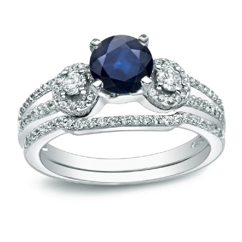 Engagement rings with hexagonal-cut sapphire gems -Platinum Round 1/2ct Blue Sapphire and 1/2ct TDW Diamond Engagement Ring Set by Auriya