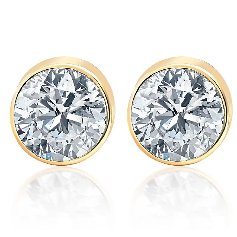 Push Back Stud Earrings for Convenience -1.00Ct Round Brilliant Cut Natural Quality SI1-SI2 Diamond Stud Earrings in 14K Gold Round Bezel Setting