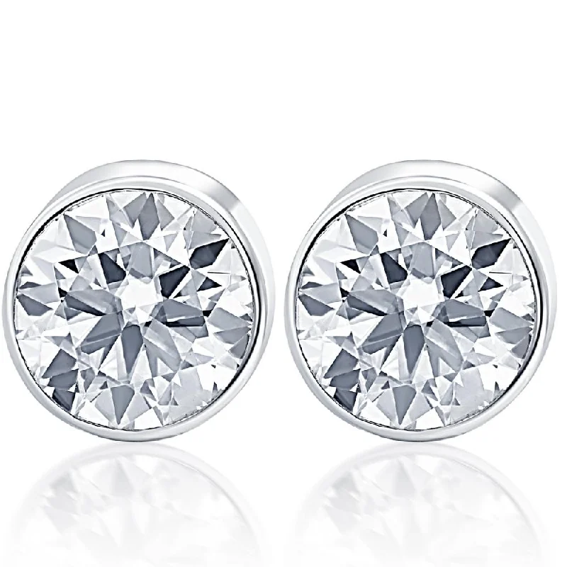 Stud Earrings with Matte Finish -1.25Ct Round Brilliant Cut Natural Diamond Stud Earrings in 14K Gold Round Bezel Setting