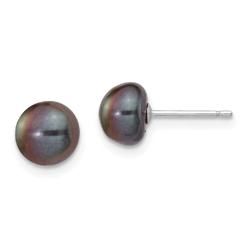 Stud Earrings for Wedding Ceremony -14k White Gold Black Button Cultured Pearl Stud Earrings (L-7 mm, W-8 mm)