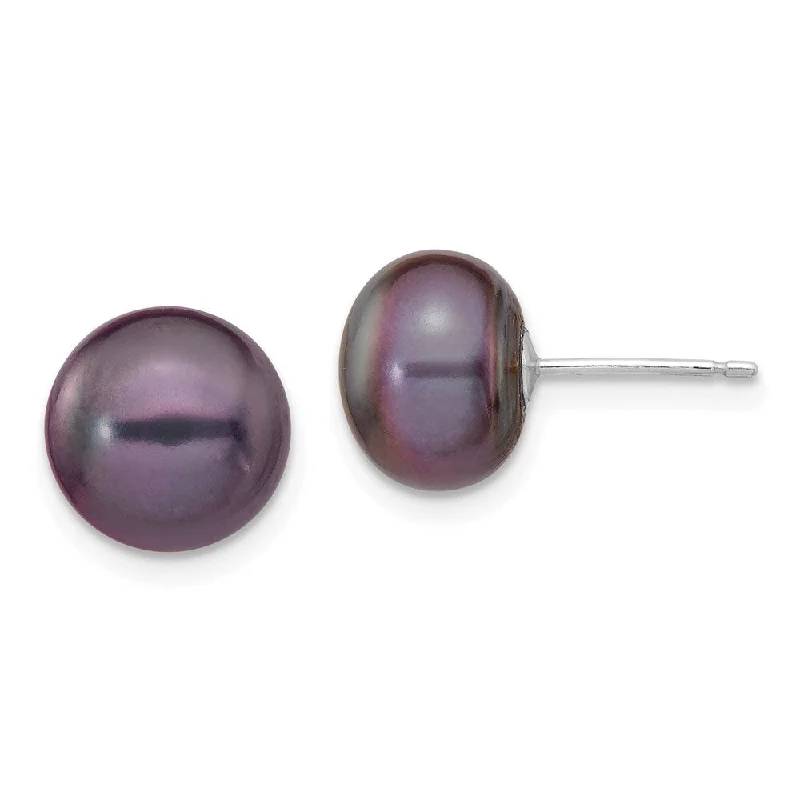 Stud Earrings with Enamel -14k White Gold Black Button Cultured Pearl Stud Earrings (L-9 mm, W-10 mm)