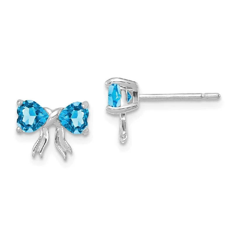 Tarnish Resistant Stud Earrings for Longevity -14k White Gold Light Swiss Blue Gemstone Bow Stud Earrings (L-7.5 mm, W-9 mm)