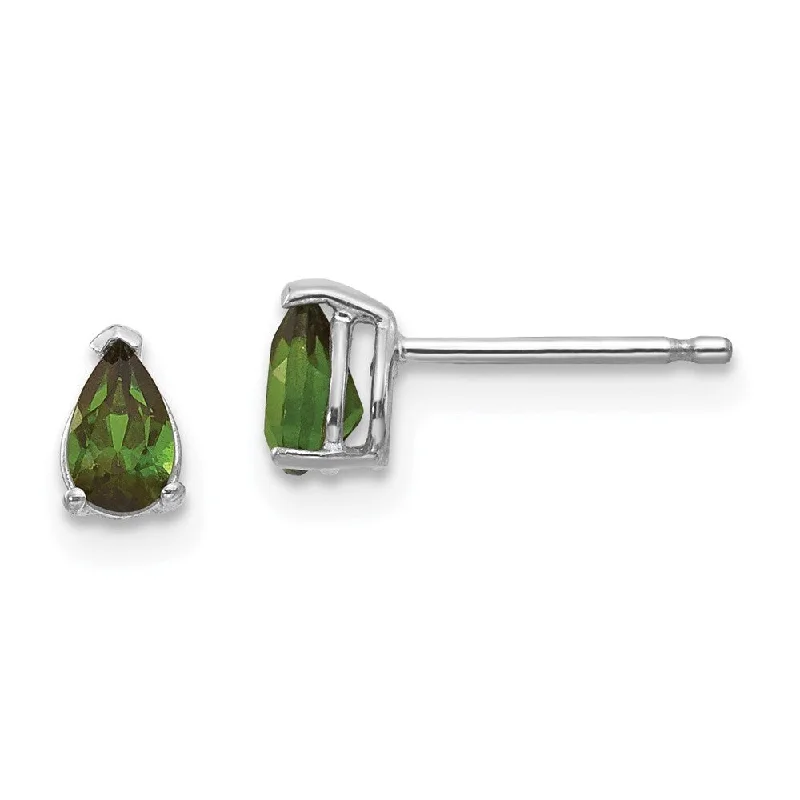 Ethnic Stud Earrings with Tribal Design -14k White Gold Pear Cut Green Tourmaline Stud Earrings (L-6 mm, W-3 mm)