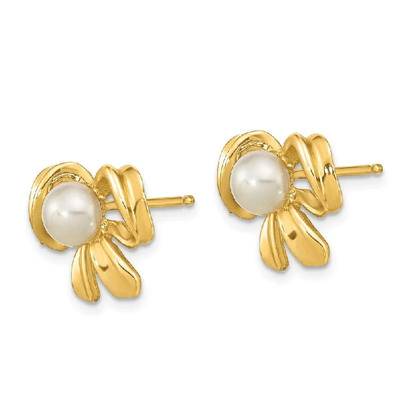 Stud Earrings with Polished Shine -14k Yellow Gold 3-4mm White Button Freshwater Cultured Pearl Stud Earrings (L-8.68 mm, W-8.99 mm)