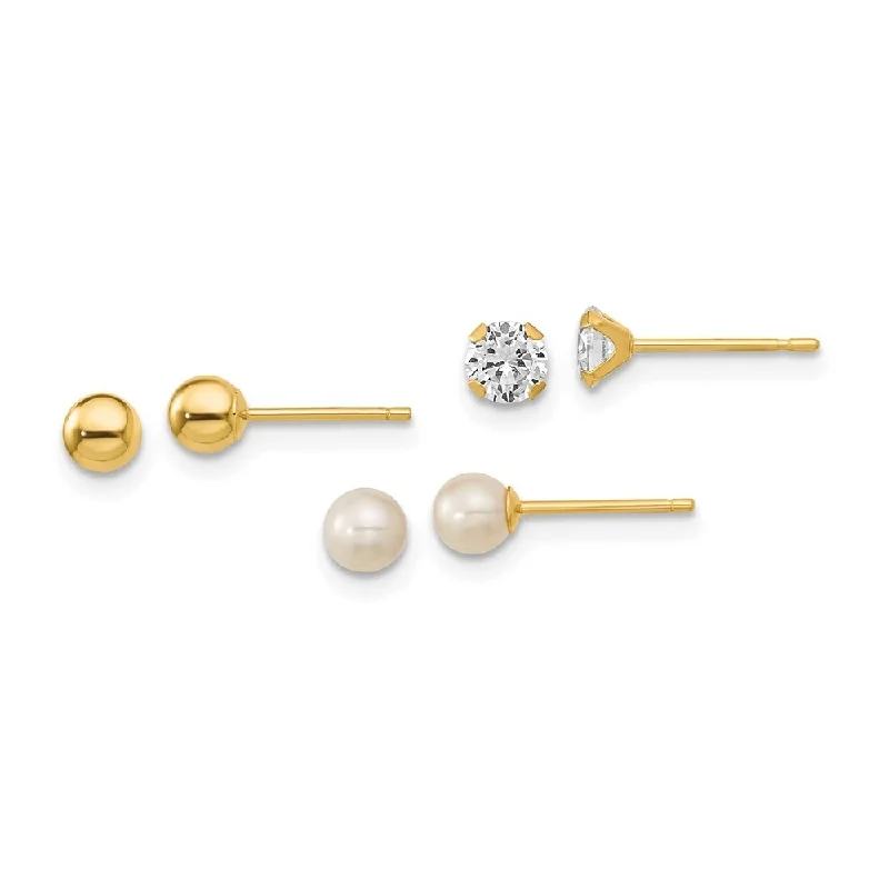 Contemporary Stud Earrings for Fashion -14k Yellow Gold 3 Pair Set-Ball, CZ and Freshwater Cultured Pearl Stud Earrings (L-3.3 mm, W-3.3 mm)