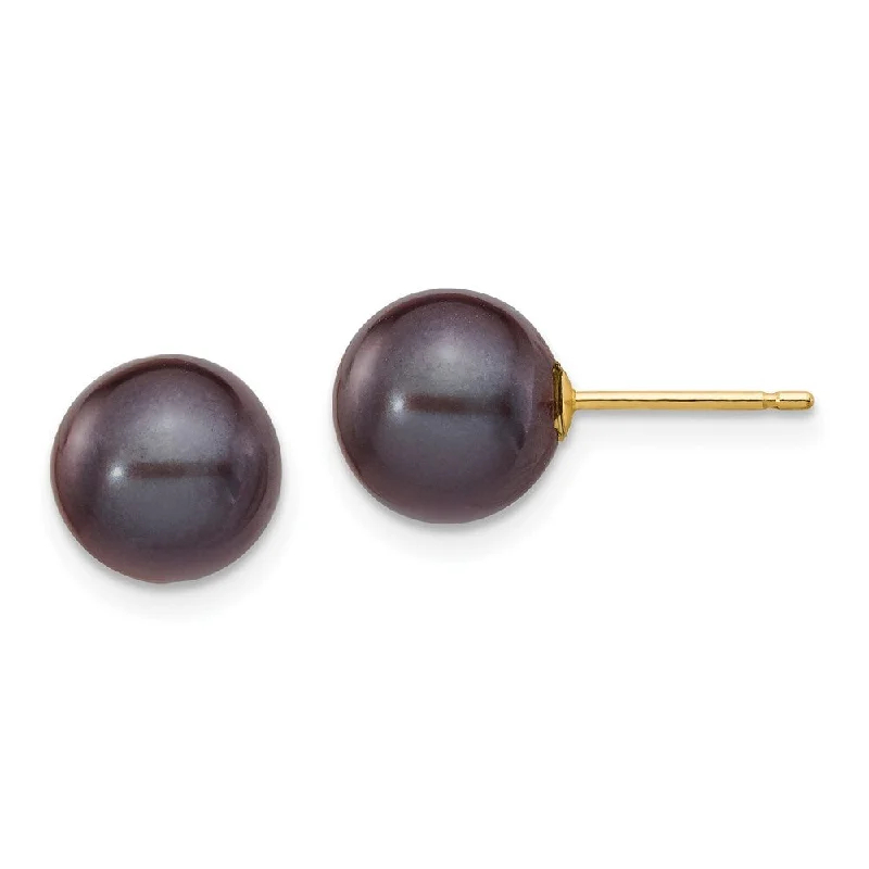 Stud Earrings for Beach Outfit -14k Yellow Gold 9mm Black Round Cultured Pearl Stud Earrings (L-8 mm, W-9 mm)