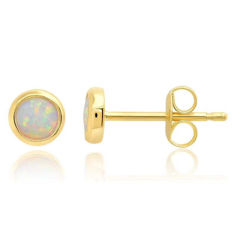 Small Stud Earrings for Delicate -14K Yellow Gold Bezel Set Round 4MM Created Opal Stud Earrings