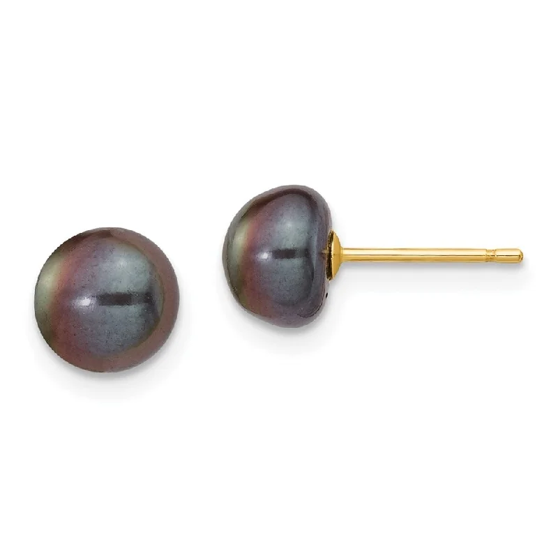 Stud Earrings for Wellness Routine -14k Yellow Gold Black Button Cultured Pearl Stud Earrings (L-7 mm, W-8 mm)