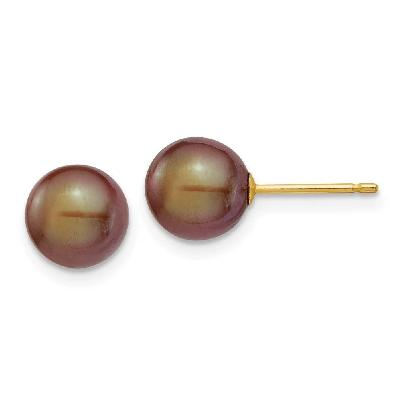 Large Stud Earrings for Statement -14k Yellow Gold Coffee Round Cultured Pearl Stud Earrings (L-7 mm, W-8 mm)