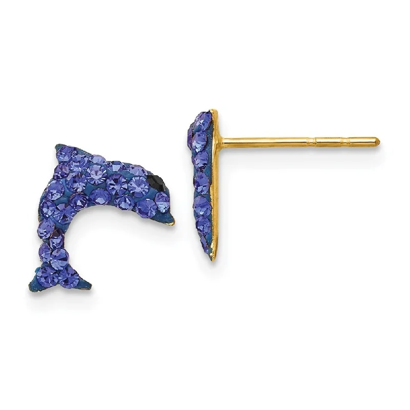 Gemstone Stud Earrings for Color -14k Yellow Gold Crystal Blue Dolphin Stud Earrings (L-9 mm, W-9 mm)