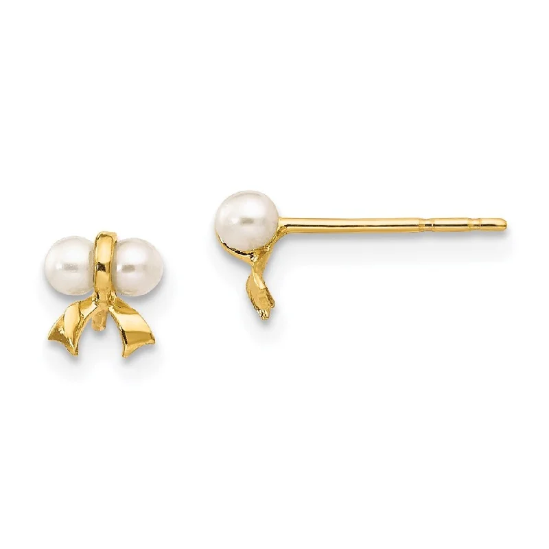 Stud Earrings with Textured Surface -14k Yellow Gold Cultured Pearl Bow Stud Earrings (L-5 mm, W-6 mm)