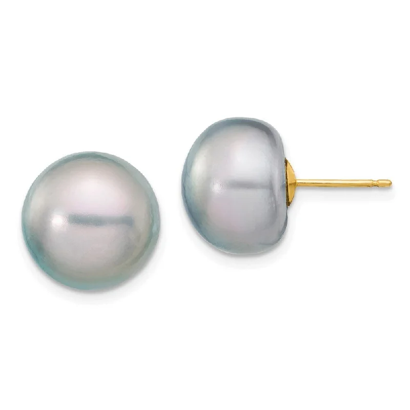 Stud Earrings with Pearls and Diamonds -14k Yellow Gold Grey Button Cultured Pearl Stud Earrings (L-12 mm, W-13 mm)