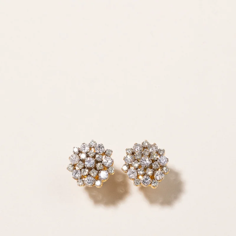 Stud Earrings for Wellness Routine -14k Yellow Gold Diamond Cluster Stud Earrings | 2.08ctw