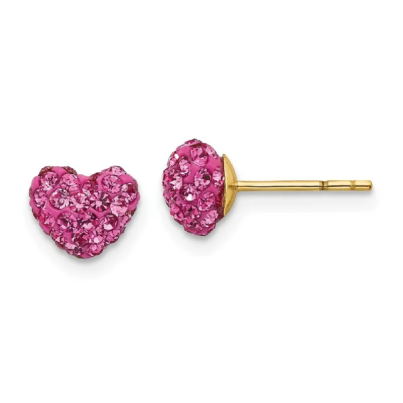 Clip On Stud Earrings for Non Pierced -14k Yellow Gold Pink Crystal Heart Stud Earrings (L-7 mm, W-7 mm)