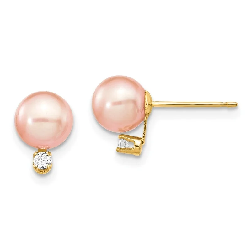 Magnetic Closure Stud Earrings for Easy -14k Yellow Gold Round Pink FW Cultured Pearl Diamond Stud Earrings (L-6 mm, W-7 mm)