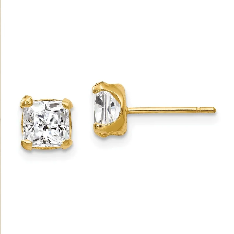 Waterproof Stud Earrings for Outdoor -14k Yellow Gold Square Cubic Zirconia Stud Earrings (L-5 mm, W-5 mm)