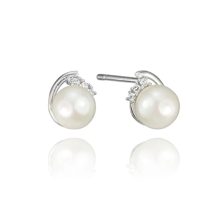 Heavy Duty Stud Earrings for Durability -18K White Gold Cubic Zirconia Pearl Stud Earrings