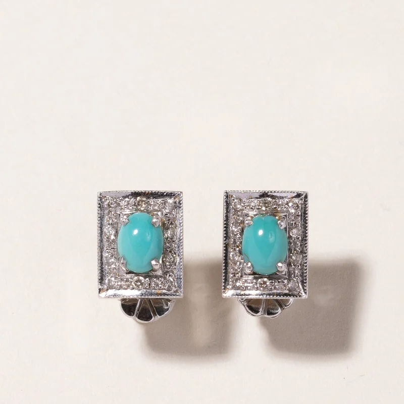 Stud Earrings for Beach Outfit -18k White Gold Turquoise & Diamond Stud Earrings | 1.14ctw, 0.34ctw