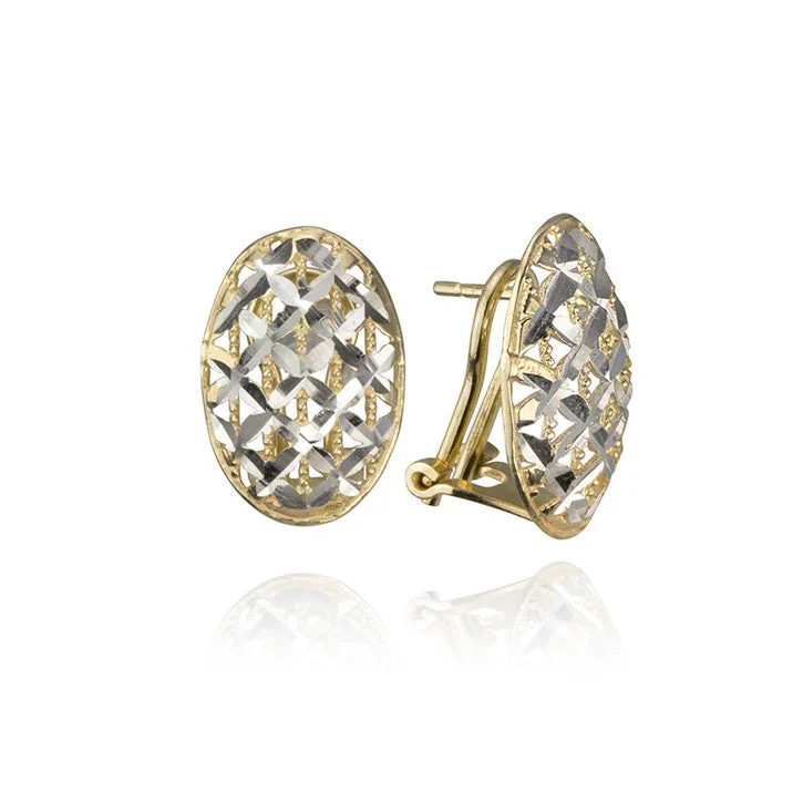 Lead Free Stud Earrings for Health -18K Yellow and White Gold Two Tone Mesh Stud Earrings