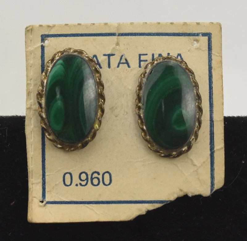 Stud Earrings with Hammered Finish -960 Silver Oval Malachite Stud Earrings