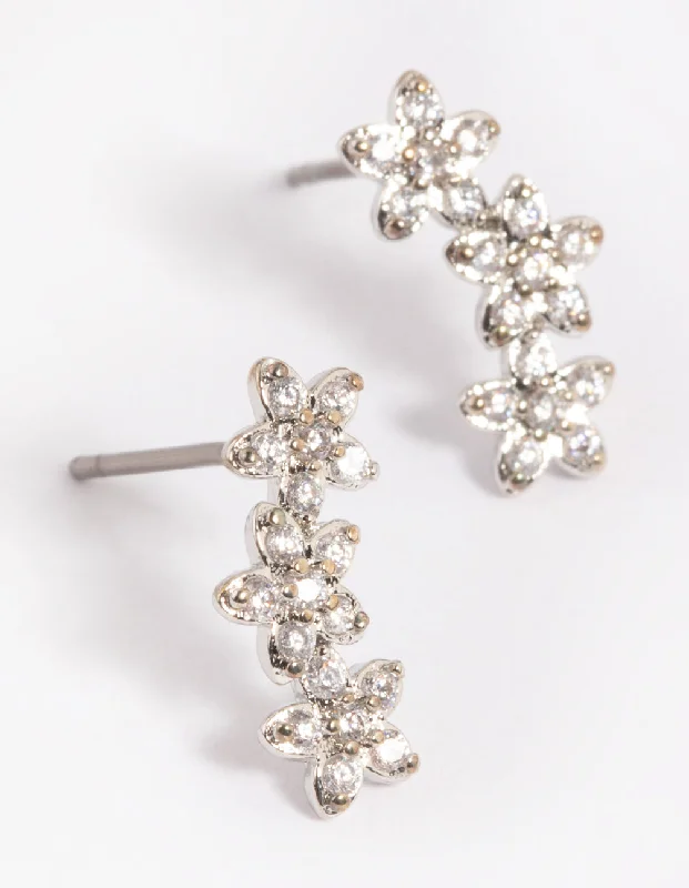 Stud Earrings for Festival Style -Rhodium Flower Cluster Crawler Stud Earrings