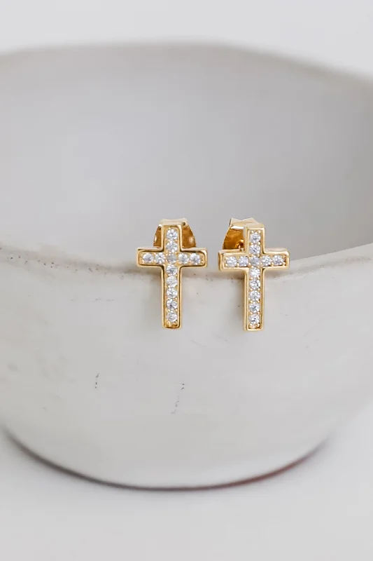 Stud Earrings for Graduation Day -Addison Gold Rhinestone Cross Stud Earrings