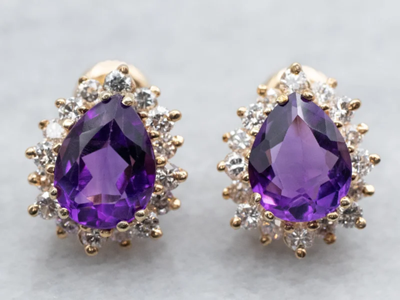 Stud Earrings for Festival Style -Amethyst Diamond Halo Stud Earrings