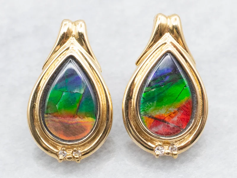 Stud Earrings for Birthday Celebration -Modern Ammolite and Diamond Gold Stud Earrings