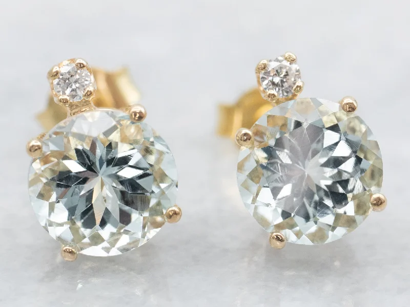 Stud Earrings with Embossed Patterns -Aquamarine and Diamond Gold Stud Earrings