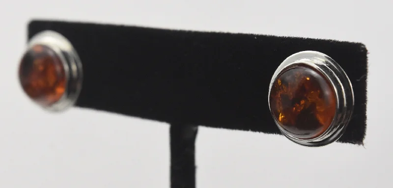 Stud Earrings with Textured Surface -Baltic Amber and Silver Round Stud Earrings