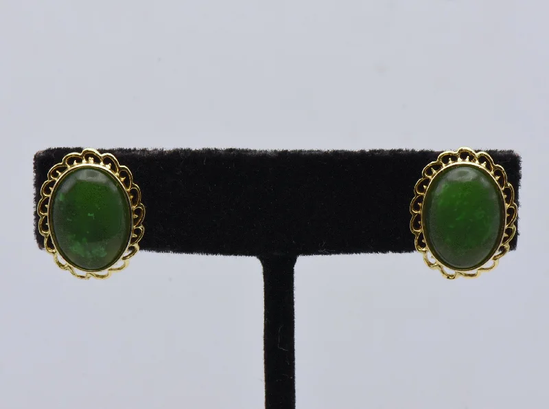 Adjustable Stud Earrings for Custom Fit -Oval Jade Gold Tone Stud Earrings