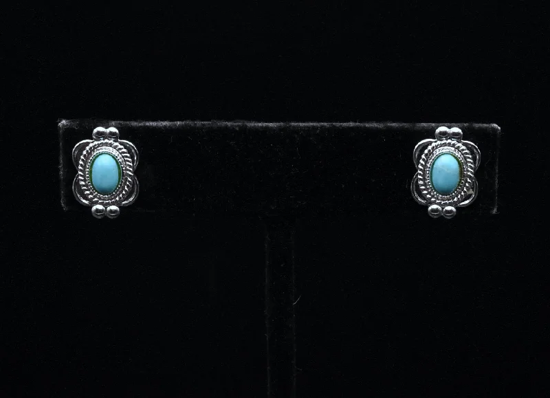 Bohemian Stud Earrings with Tassels -Vintage Turquoise Silver Plated Stud Earrings