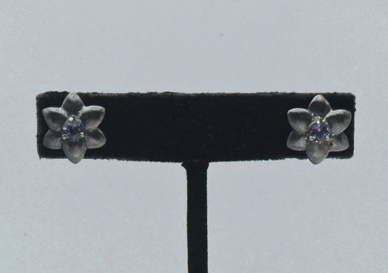 Stud Earrings with Etching -Vintage Sterling Silver and Amethyst Flower Stud Earrings