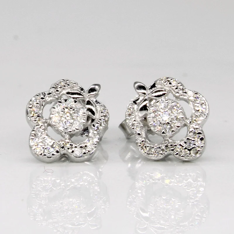 Stud Earrings with Hammered Finish -18k White Gold Diamond Flower Stud Earrings | 0.10ctw |