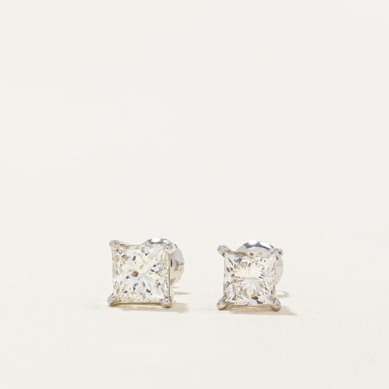 Stud Earrings with Etching -Princess Cut Diamond Stud Earrings | 2.04ctw I1 J/K |