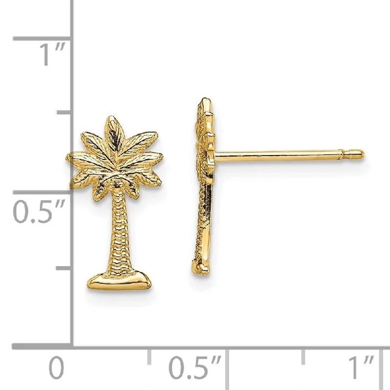 Animal Print Stud Earrings for Fun -Diamond2Deal 14K Yellow Gold MINI PALMETTO PALM TREE Stud EARRINGS / 2-D and TEXTURED (L-12.7 mm, W-7.1 mm)