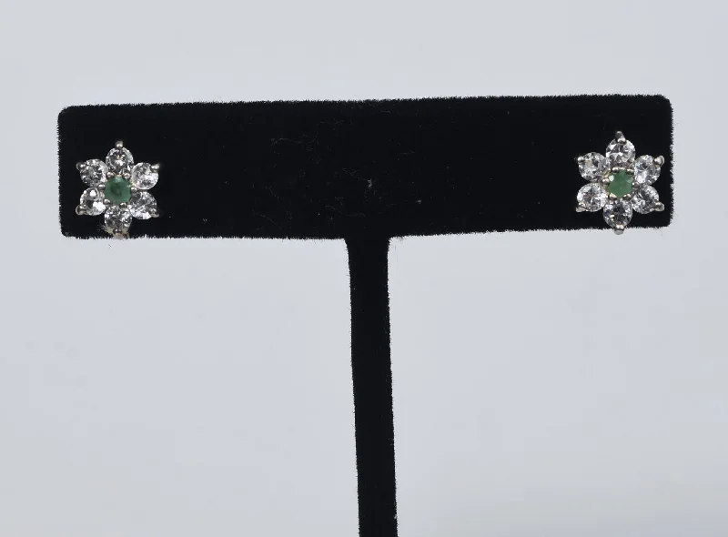 Stud Earrings for Casual Outfit -Emerald and Cubic Zirconia Flower Sterling Silver Stud Earrings