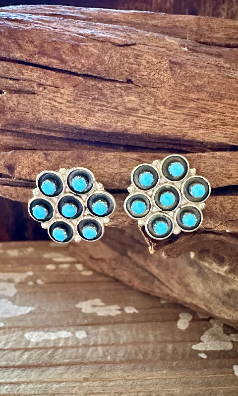 Stud Earrings with Debossed Designs -FLOWER CLUSTERS Sterling Silver & Turquoise Stud Earrings • 4g