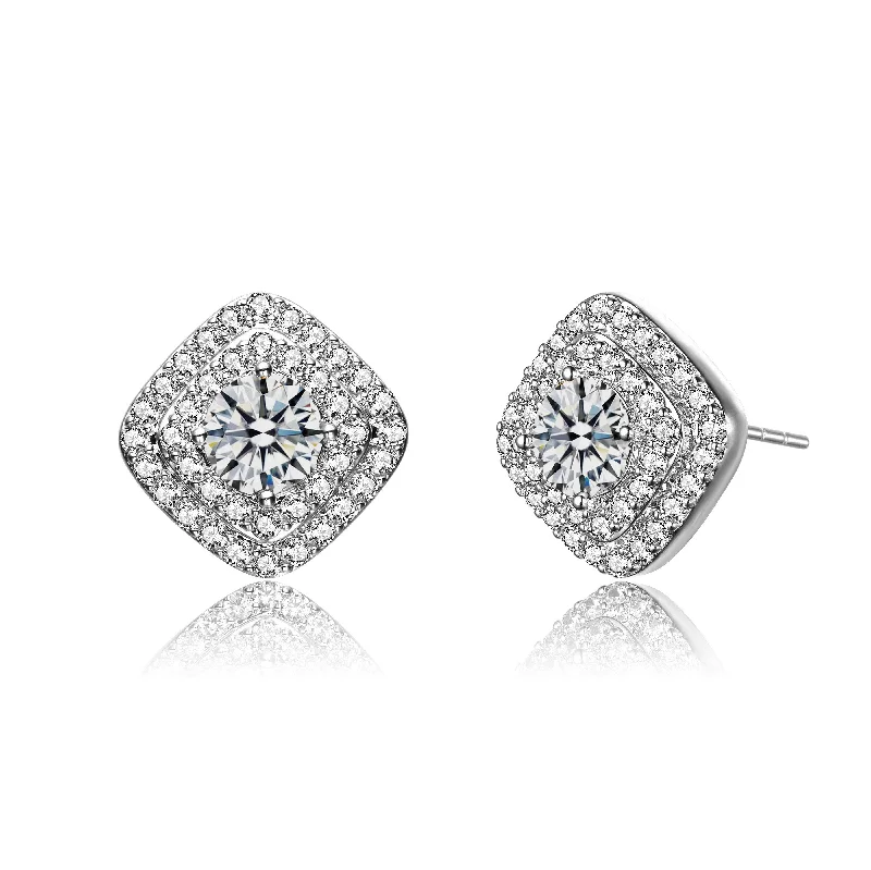 Stud Earrings with Crystals -Genevive Classic Platinum Plated Halo Stud Earrings