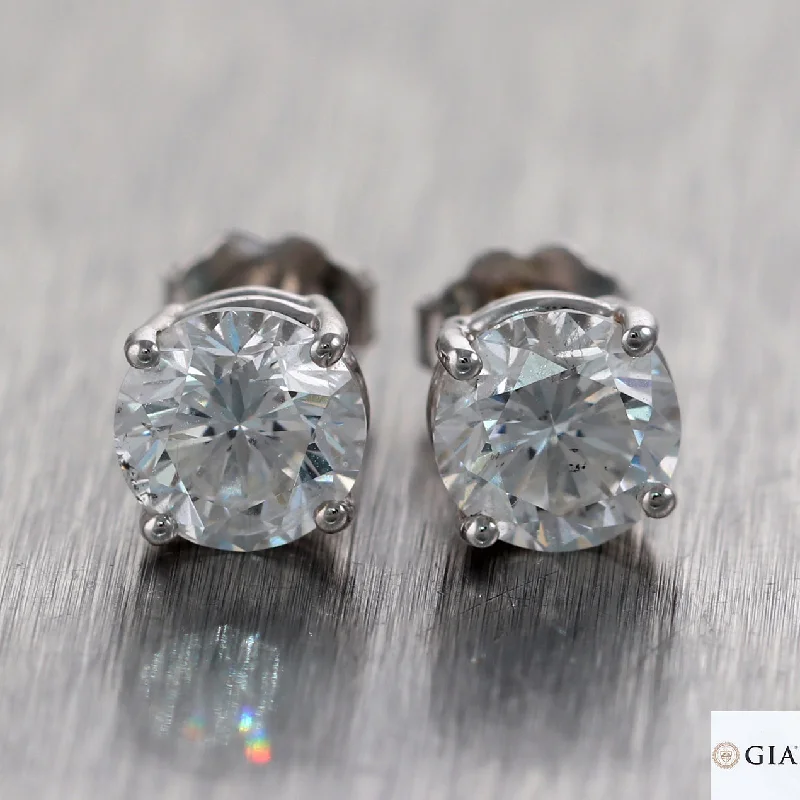 Stud Earrings with Pearls and Diamonds -GIA 2.95ct Round Brilliant E I1 Diamond 14k White Gold Stud Earrings