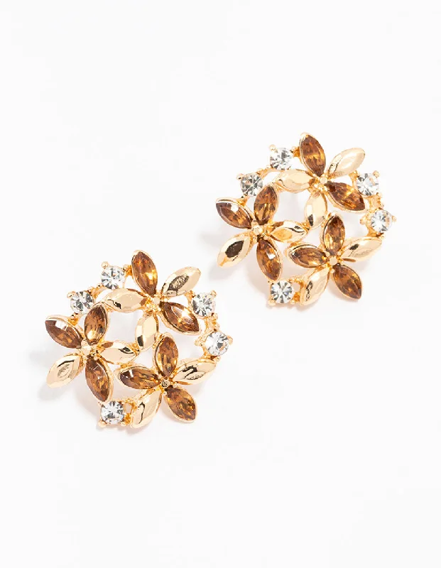 Stud Earrings with Star Motifs -Gold Diamante Flower Cluster  Stud Earrings