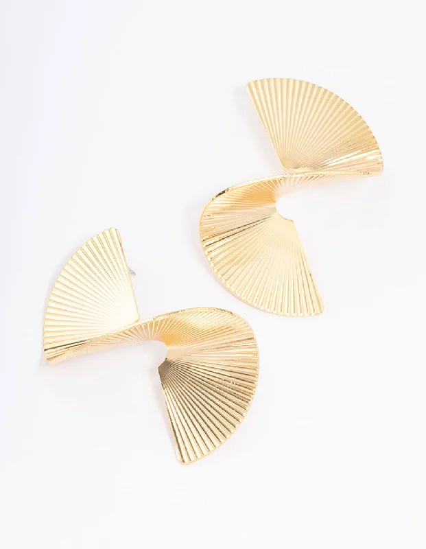 Double Stud Earrings for Impact -Gold Plated Twisted Fan Statement Stud Earrings