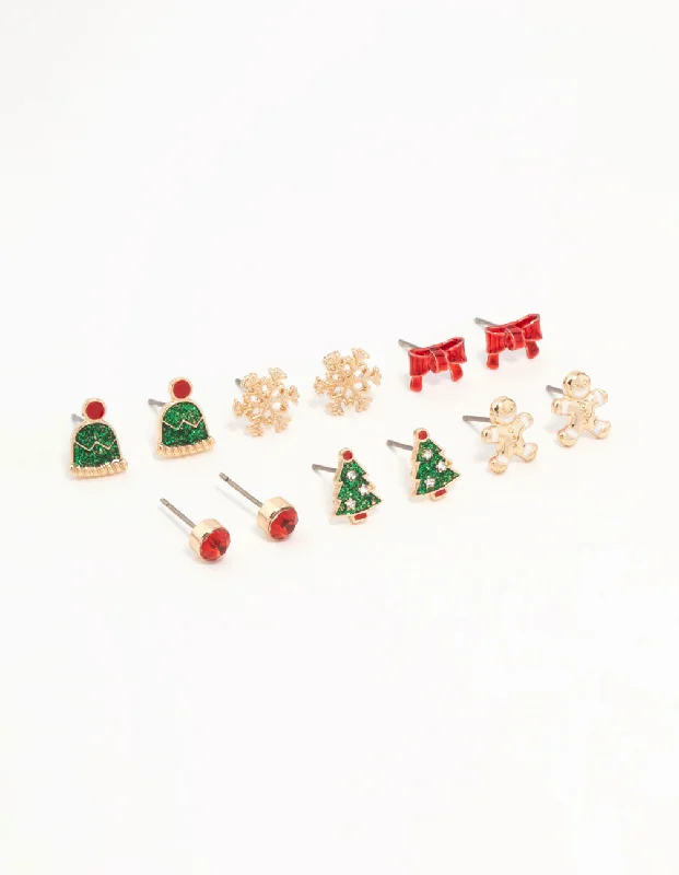 Stud Earrings for Fitness Activities -Kids Gold Bow & Snowflake Stud Earrings 6-Pack