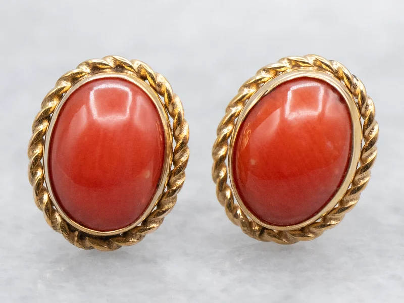 Bohemian Stud Earrings with Tassels -Mid Century Gold Coral Stud Earrings