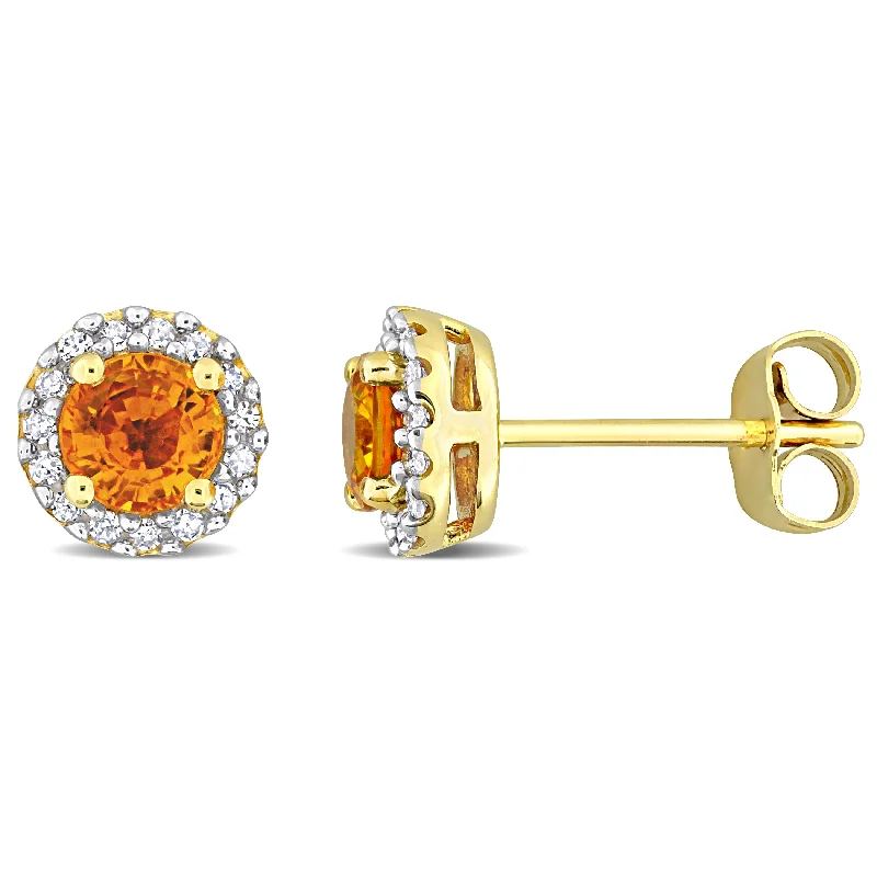 Stud Earrings with Knot Designs -Mimi & Max 7/8ct TGW Orange Sapphire and 1/6ct TDW Diamond Halo Stud Earrings in 10k Yellow Gold