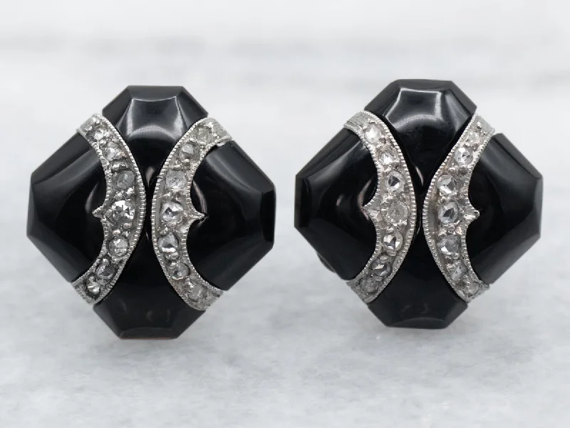 Stud Earrings with Debossed Designs -Black Onyx and Diamond Stud Earrings