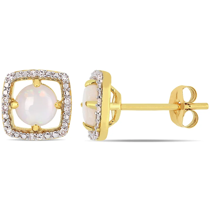 Indian Stud Earrings with Intricacy -Opal and Diamond Accent Floating Square Halo Stud Earrings in 10K Yellow Gold