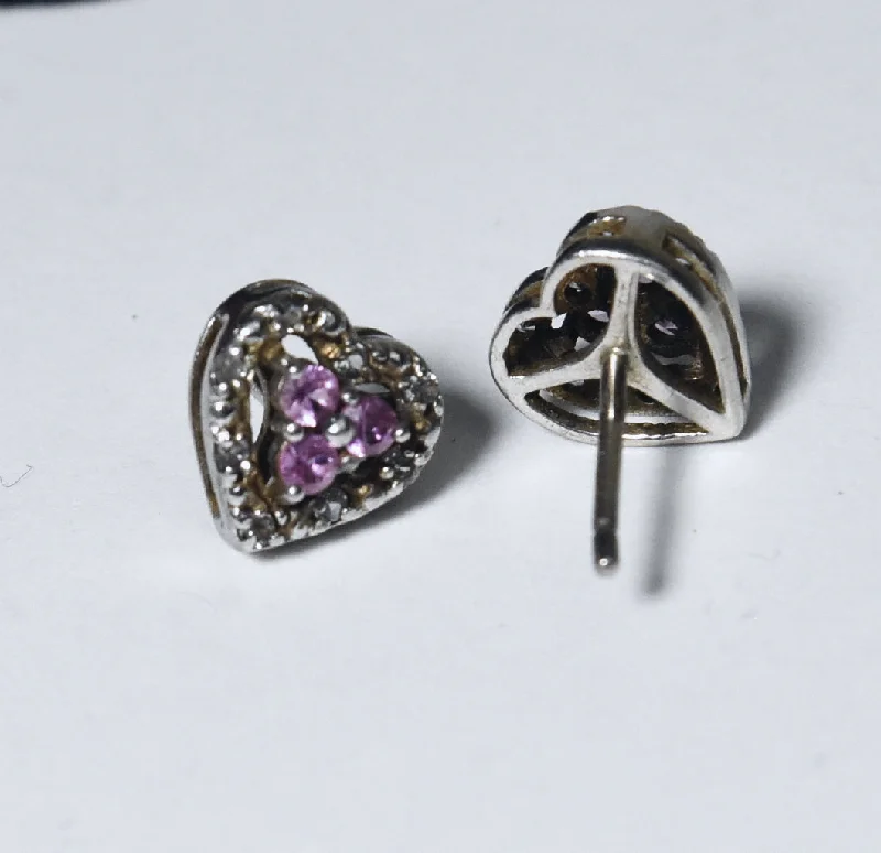 Triple Stud Earrings for Layered -Pink Sapphire and Topaz Sterling Silver Heart Stud Earrings