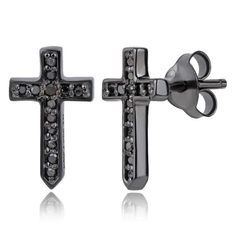 Adjustable Stud Earrings for Custom Fit -Real Black Diamond Cross Stud Earrings in Sterling Silver