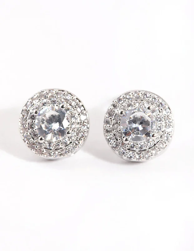 Stud Earrings with Crystals -Rhodium Cubic Zirconia Round Halo Stud Earrings